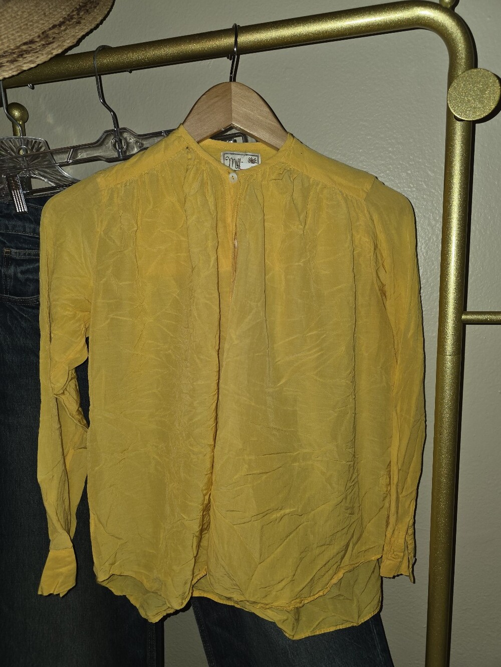 Mille Resort  & Travel Yellow/Gold Lila Top Puff-Sleeve Blouse Cotton XS EUC